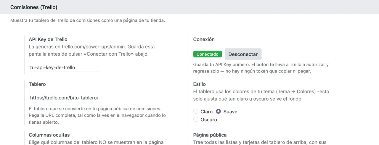 Bloque Comisiones (Trello) en Ajustes, con el estado Conectado