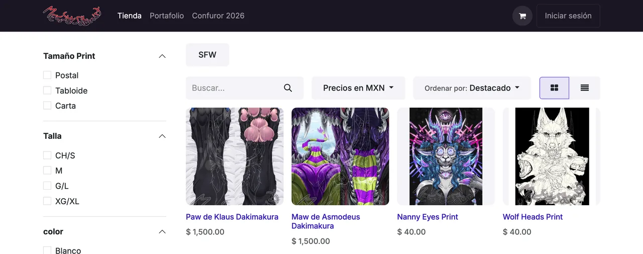 Catálogo de Messy Satanist Shop con filtros por tamaño, talla y precio