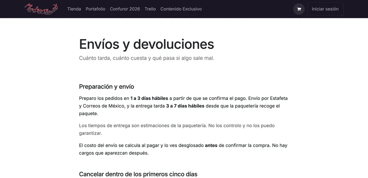 Página de envíos y devoluciones de Messy Satanist