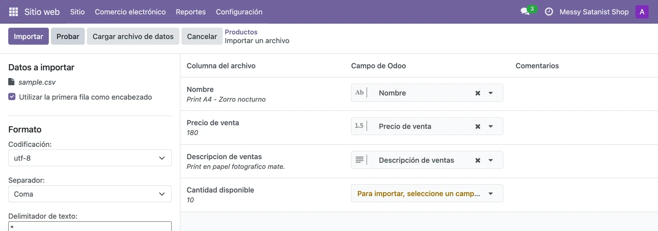 Pantalla de mapeo de columnas del CSV contra los campos de tu tienda