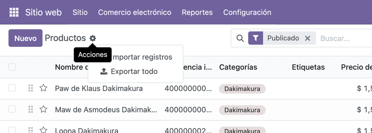 Menú de engranaje con la opción Importar registros