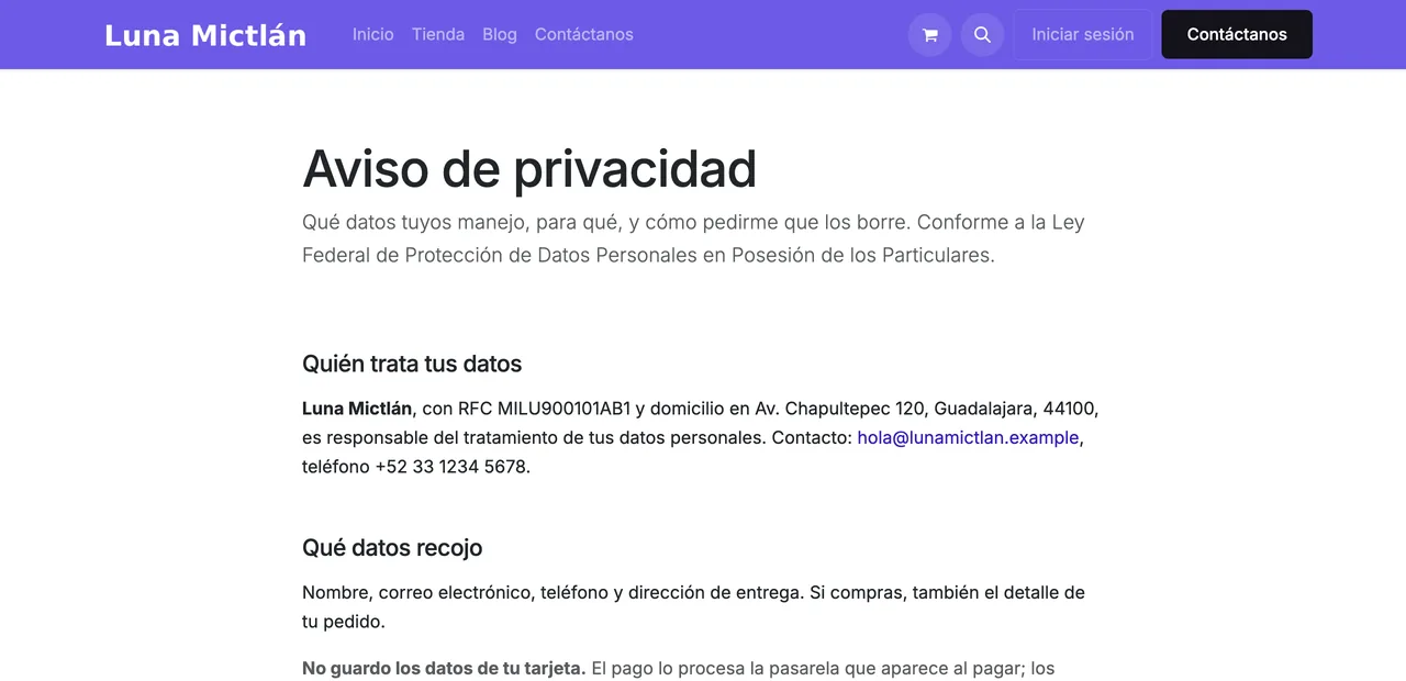 Aviso de privacidad generado por la plataforma, con los datos del negocio ya insertados