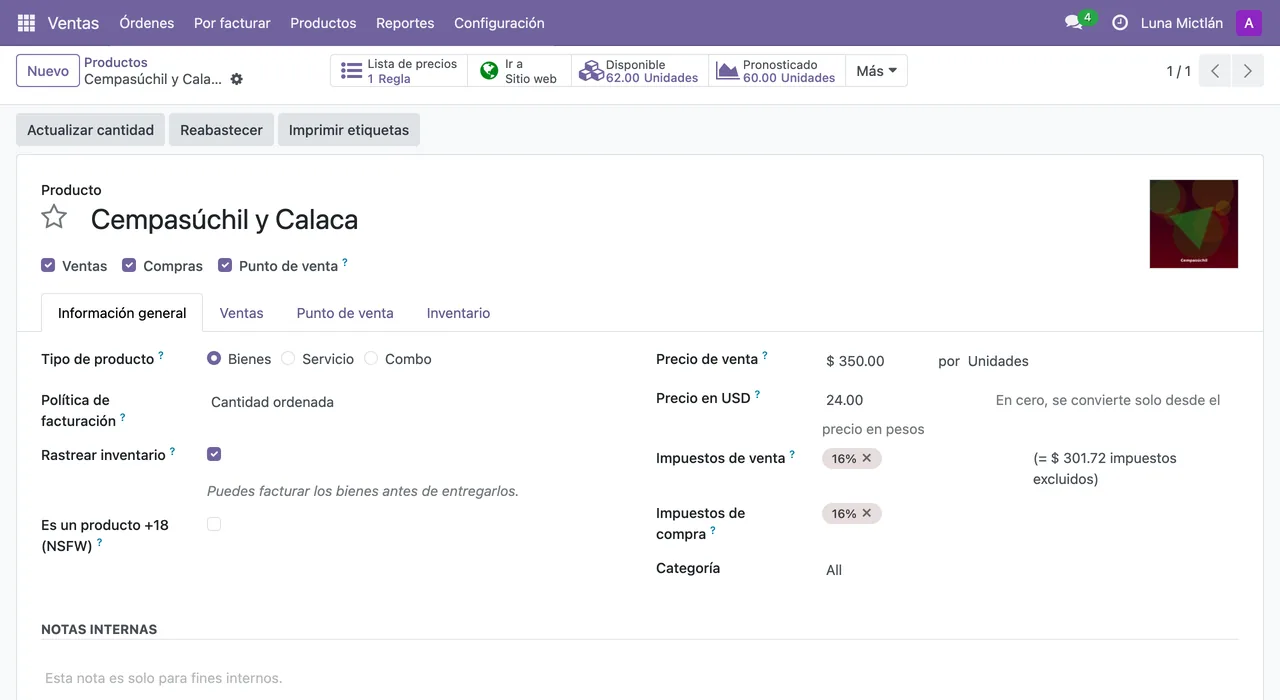 Ficha de producto en el panel con el campo «Precio en USD»
