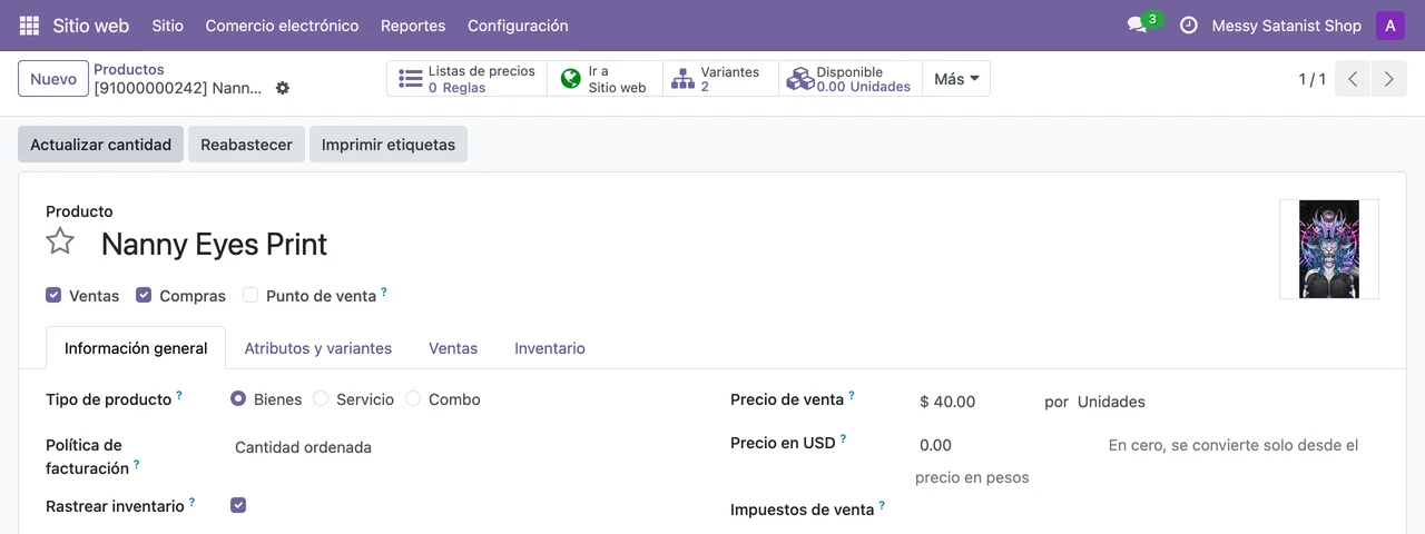 Formulario de producto con nombre, precio e imagen