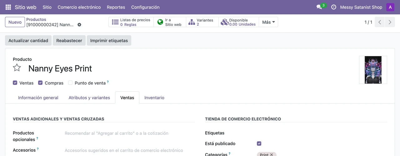 Casilla Está publicado en la pestaña Ventas del producto