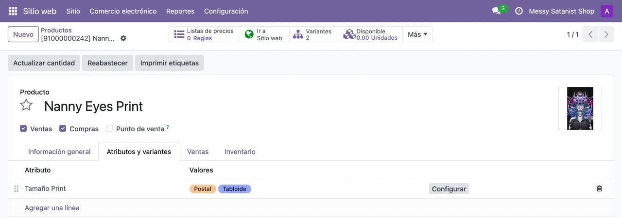 Pestaña Atributos y variantes con un atributo Tamaño y sus valores