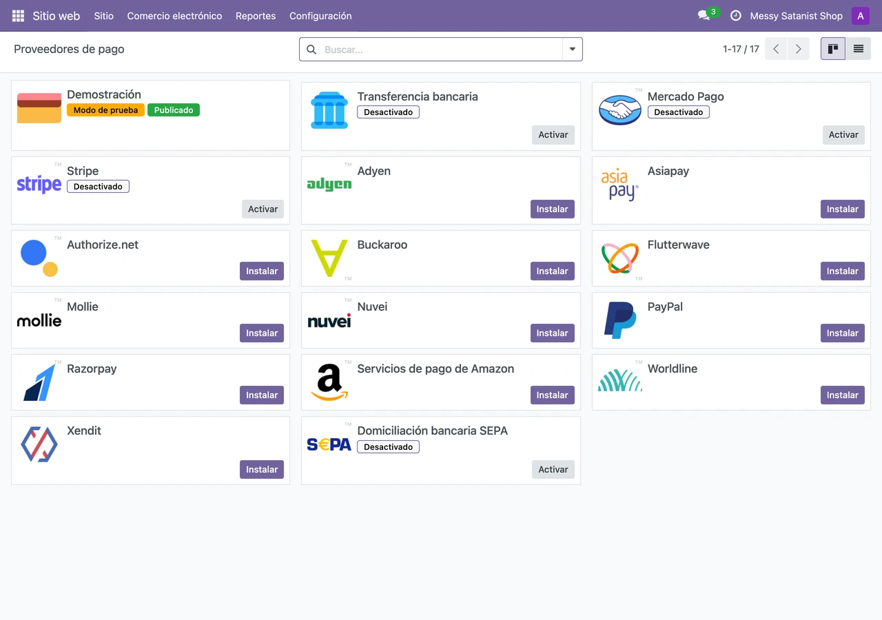 Lista de proveedores de pago, con Mercado Pago y Stripe arriba